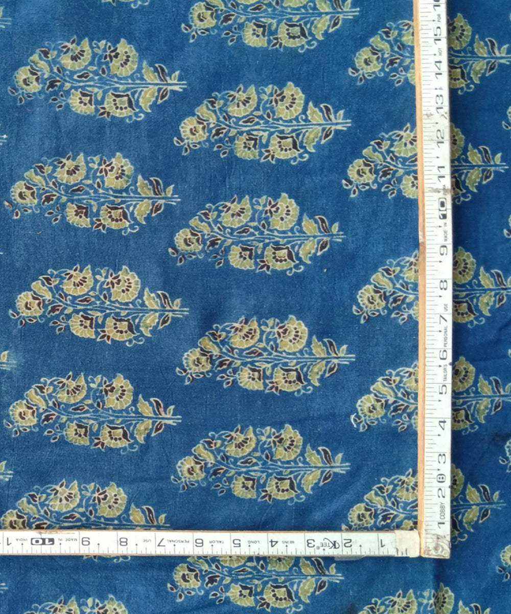 2.5m Blue yellow ajrakh print handspun handwoven cotton kurta fabric