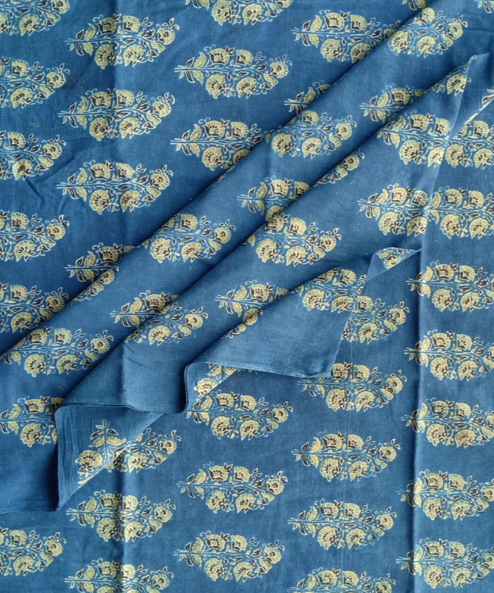 2.5m Blue yellow ajrakh print handspun handwoven cotton kurta fabric