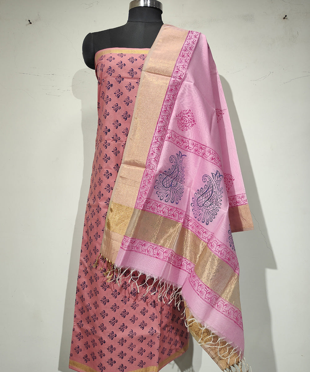 2pc Pink handloom maheshwari block print cotton silk dress material