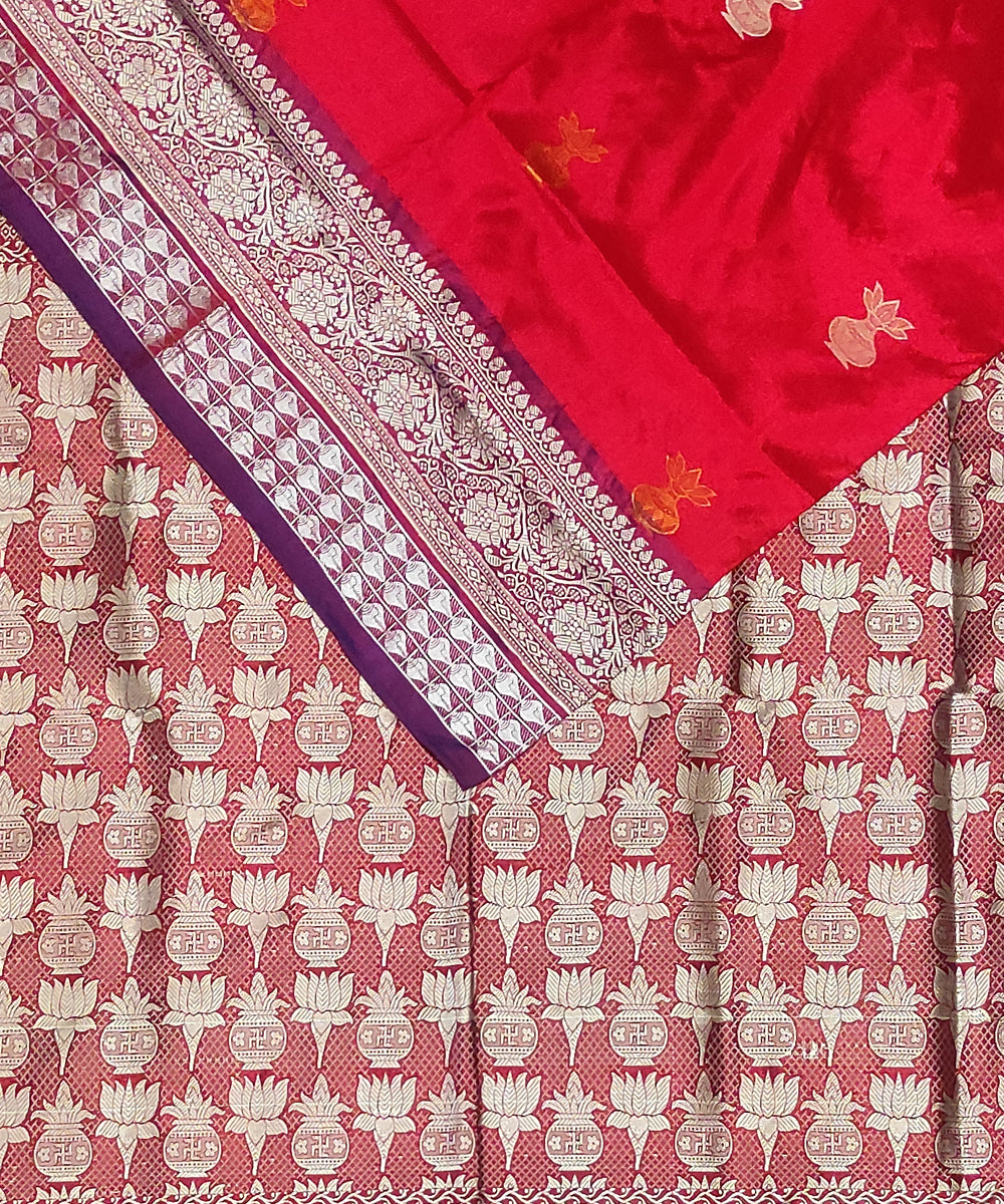 Red silver zari silk handwoven bomkai saree