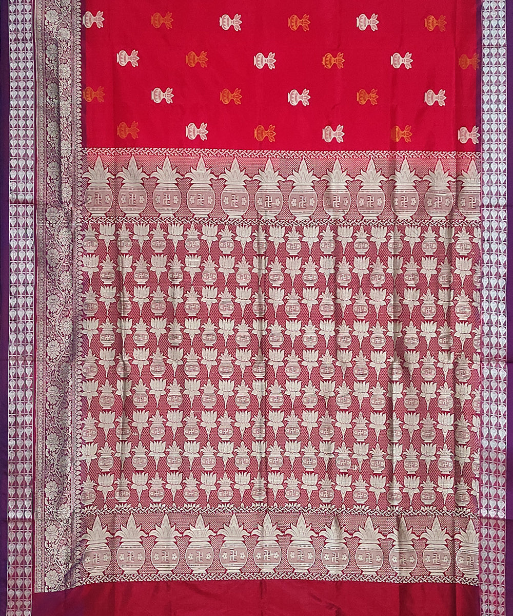Red silver zari silk handwoven bomkai saree