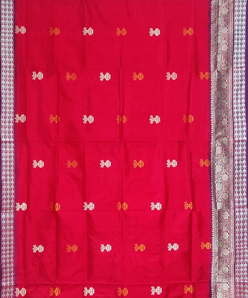 Red silver zari silk handwoven bomkai saree