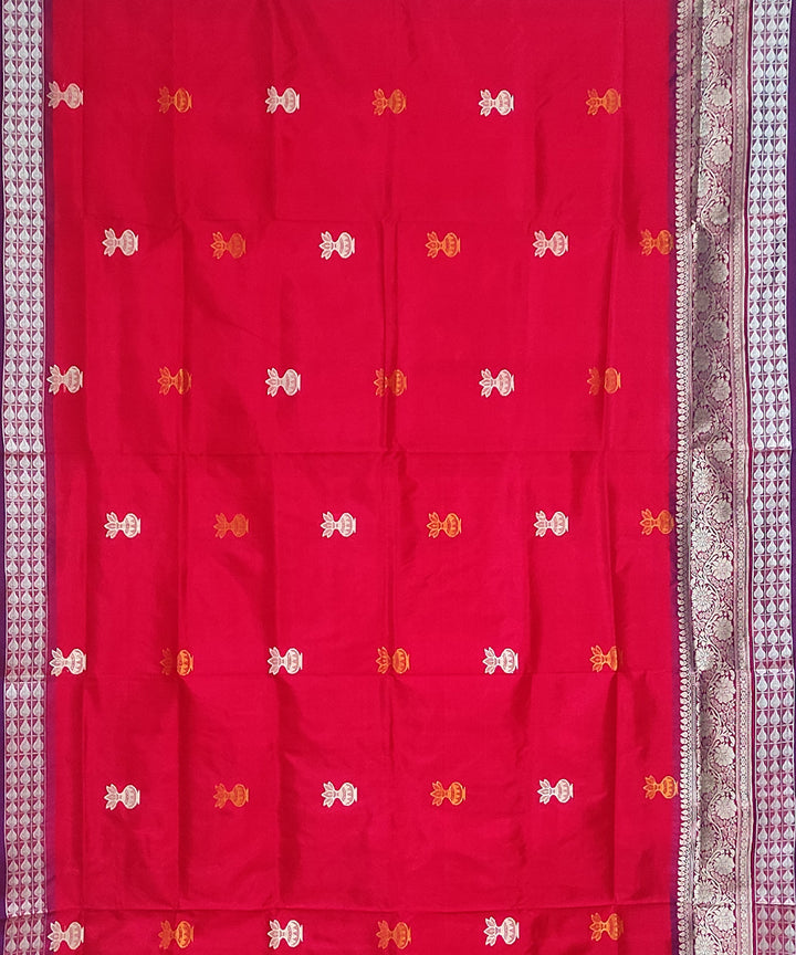 Red silver zari silk handwoven bomkai saree