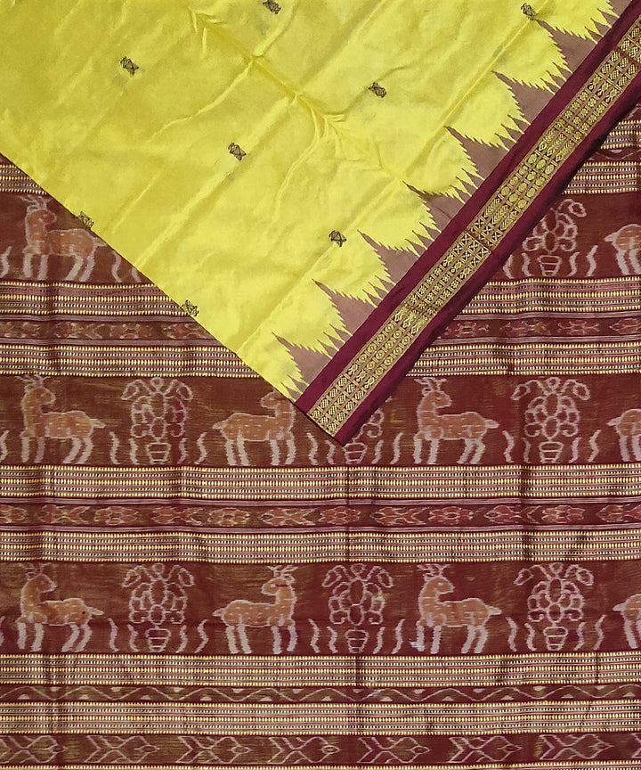 Lemon yellow maroon silk handloom bomkai saree
