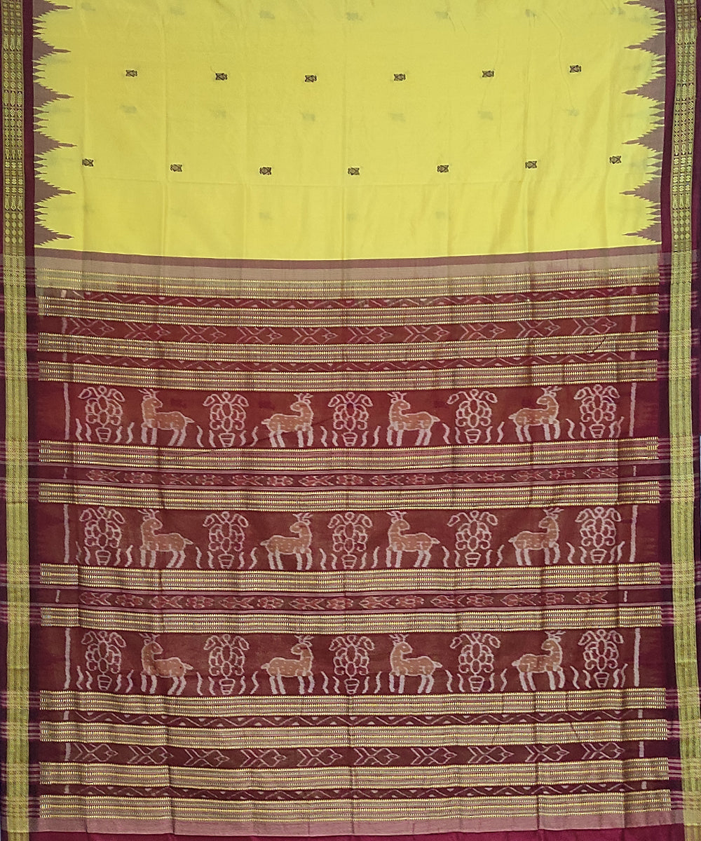Lemon yellow maroon silk handloom bomkai saree
