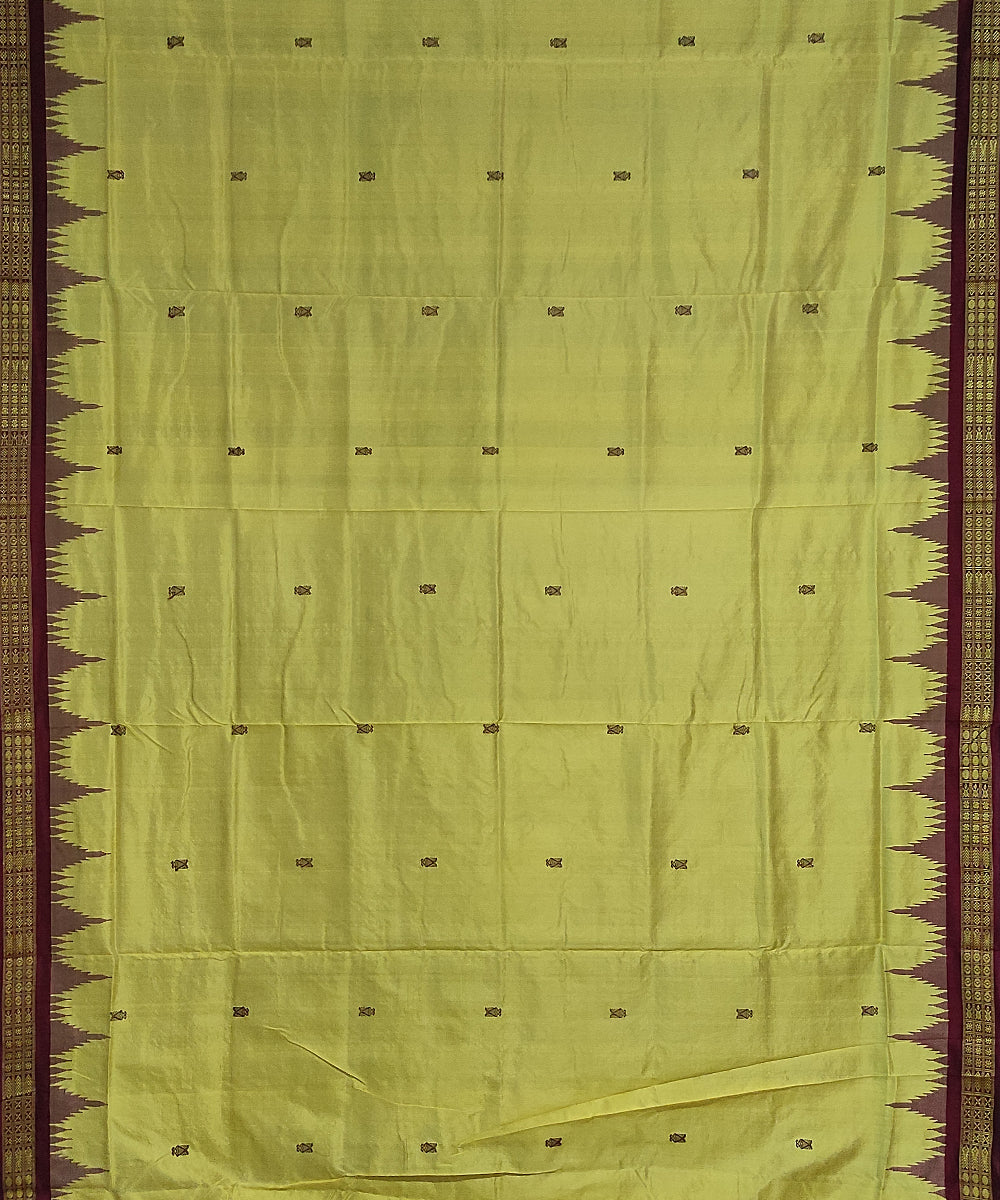 Lemon yellow maroon silk handloom bomkai saree