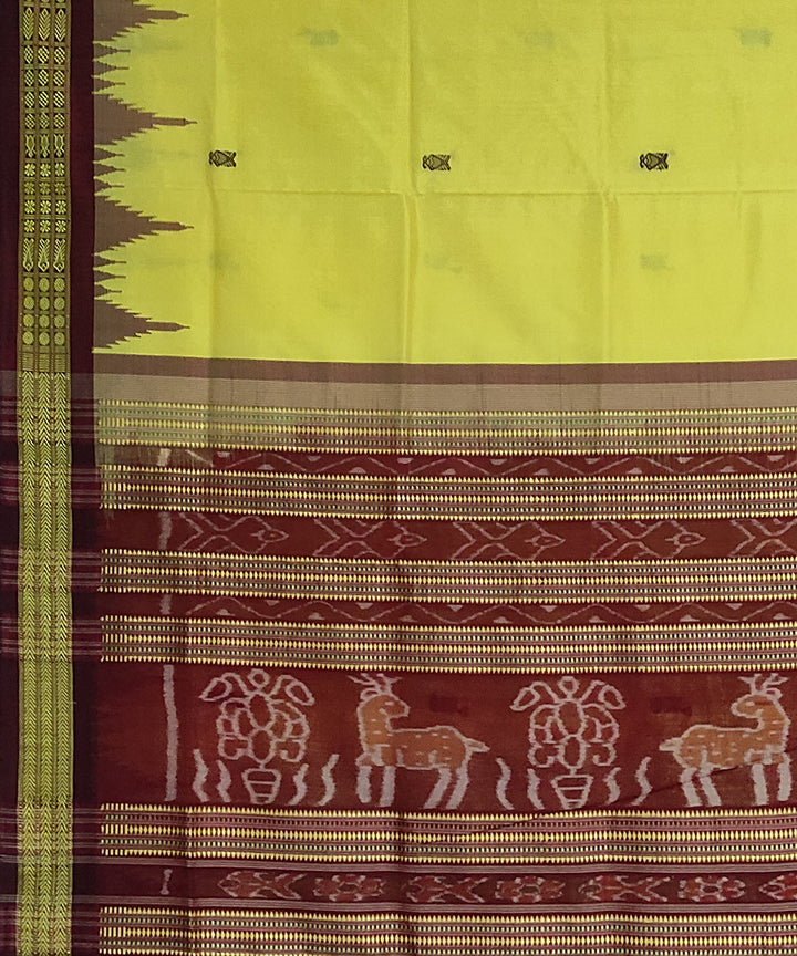 Lemon yellow maroon silk handloom bomkai saree