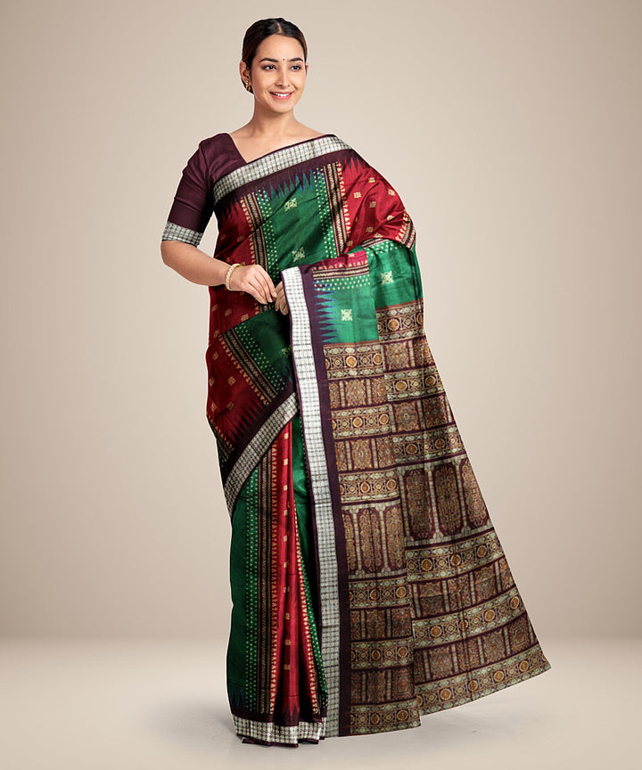 Dark green red black silk handwoven bomkai saree