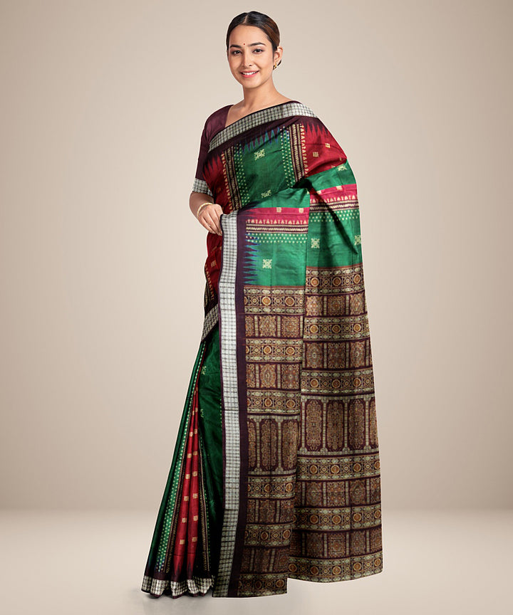 Dark green red black silk handwoven bomkai saree