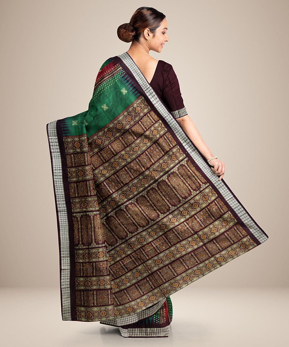 Dark green red black silk handwoven bomkai saree