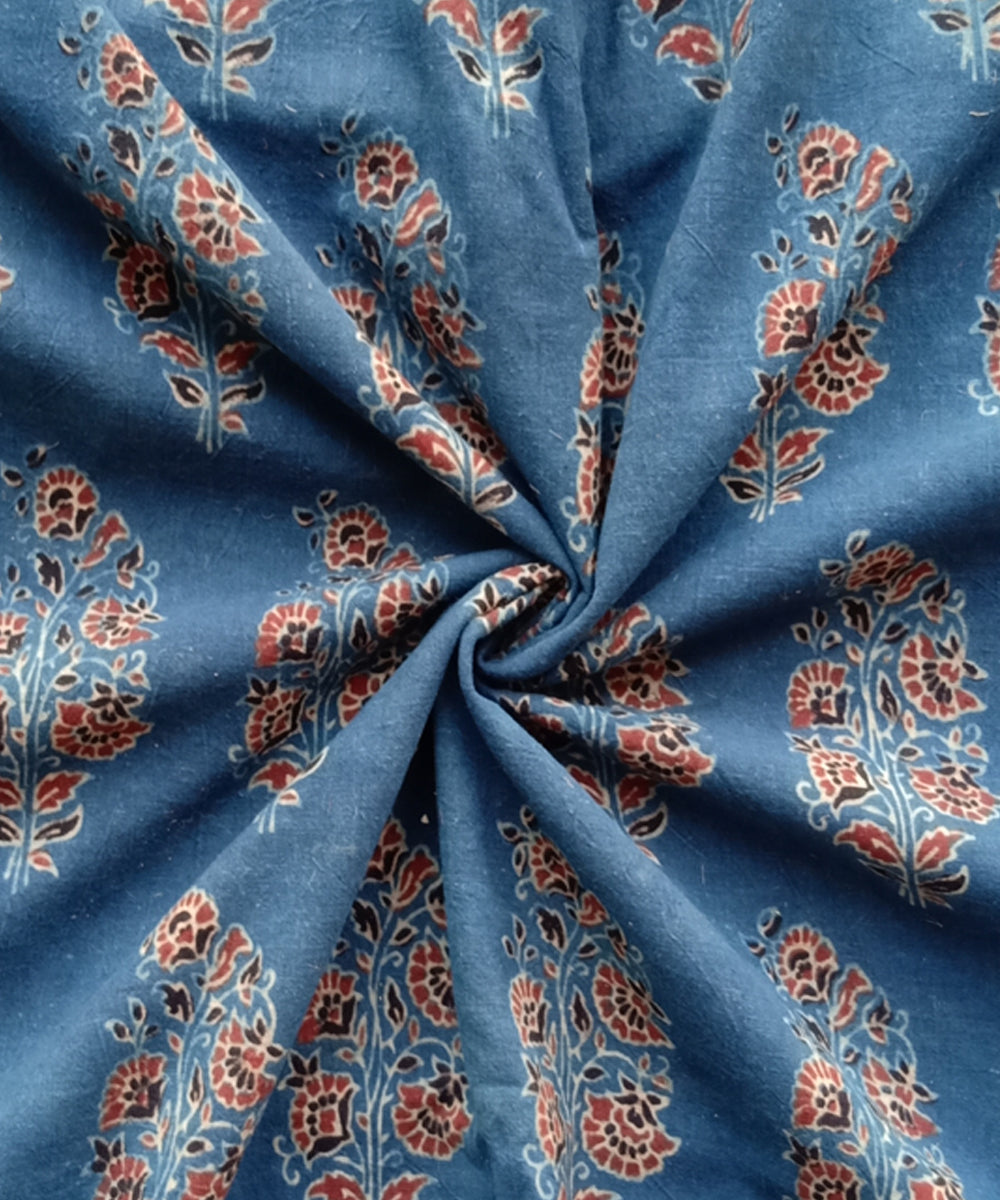 2.5m Blue red ajrakh print handspun handwoven cotton kurta fabric