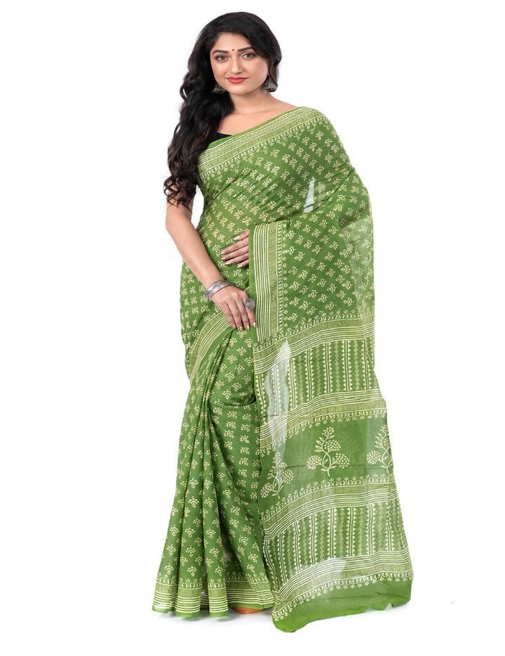 Light green hand block printed cotton saree