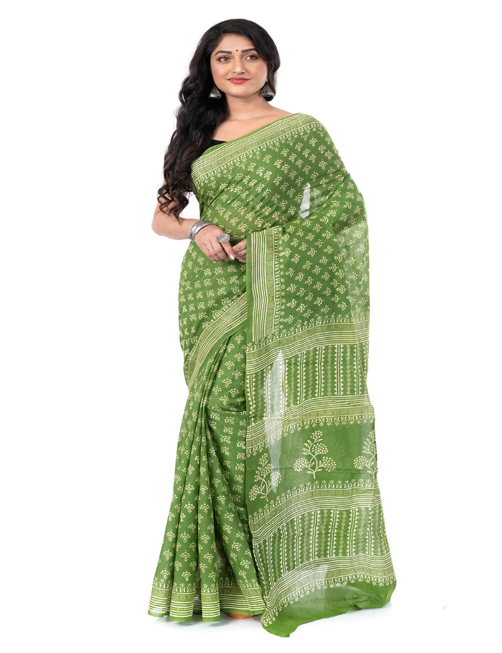 Light green hand block printed cotton saree