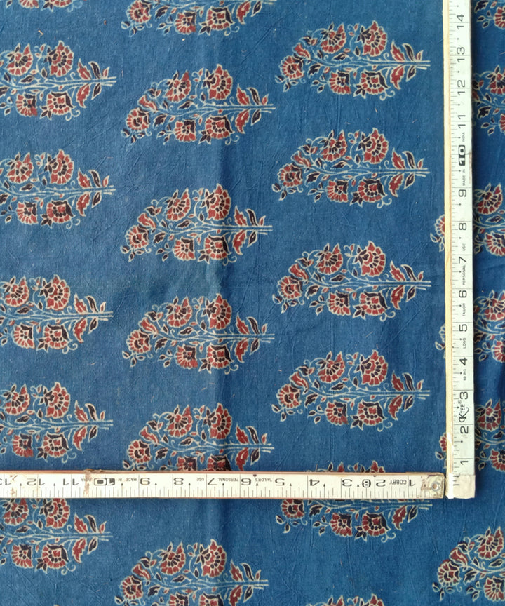 2.5m Blue red ajrakh print handspun handwoven cotton kurta fabric