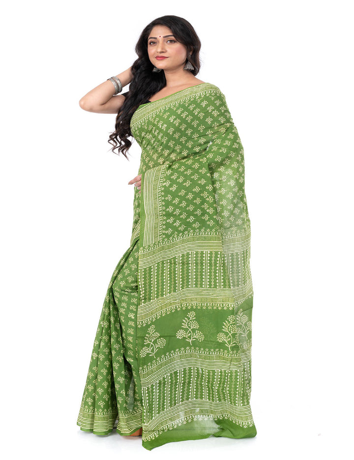 Light green hand block printed cotton saree