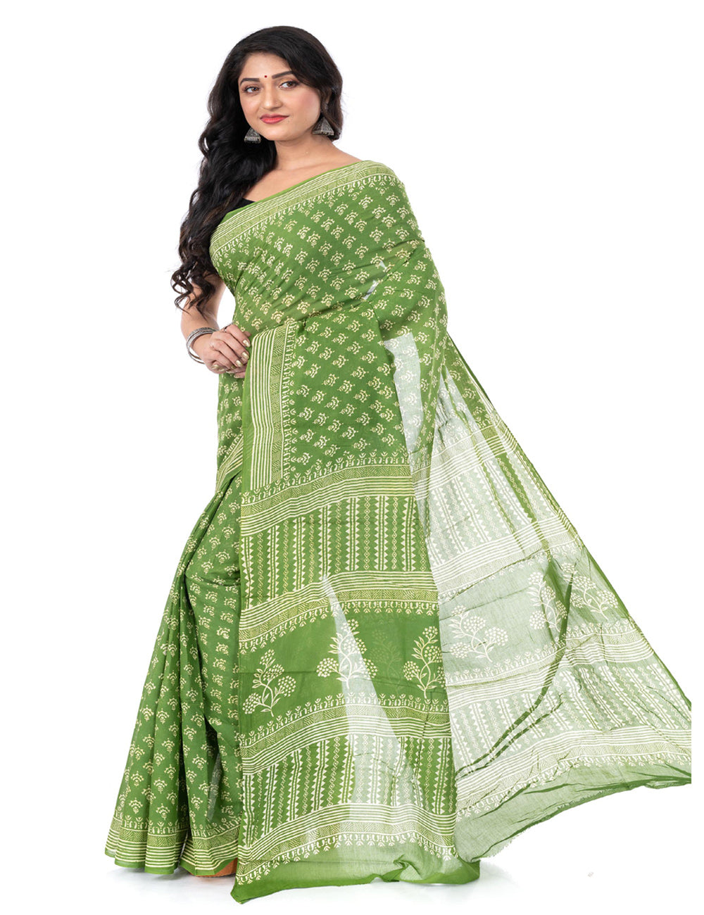 Light green hand block printed cotton saree