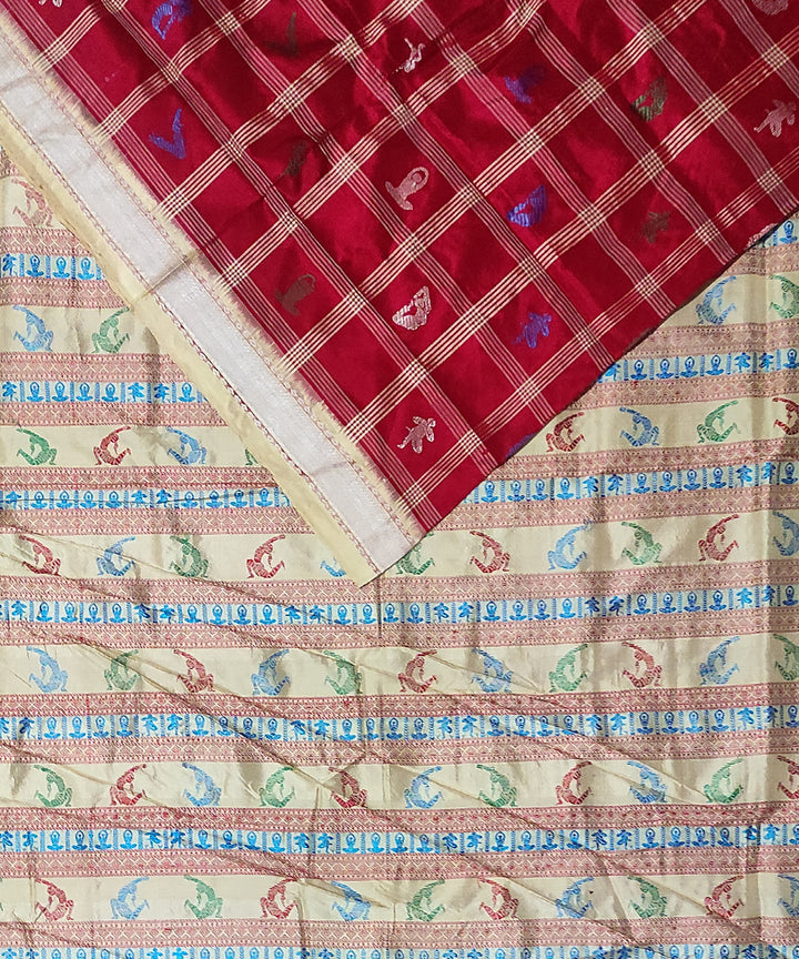 Maroon offwhite silk handloom bomkai saree