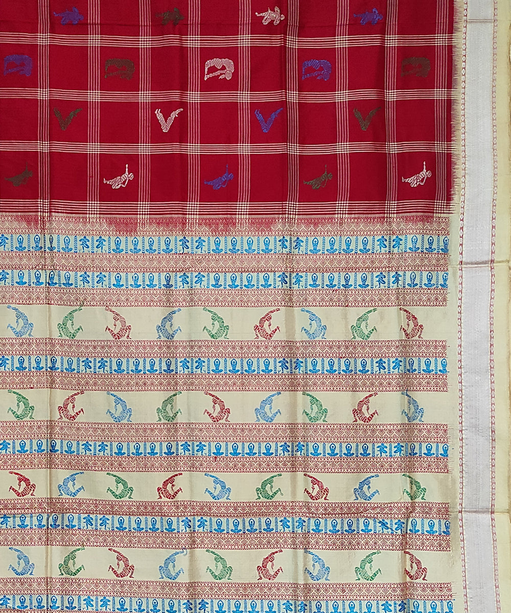 Maroon offwhite silk handloom bomkai saree