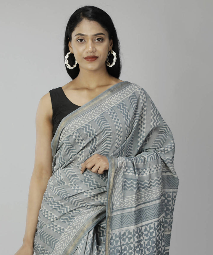 Grey bagru handblock printed cotton silk saree