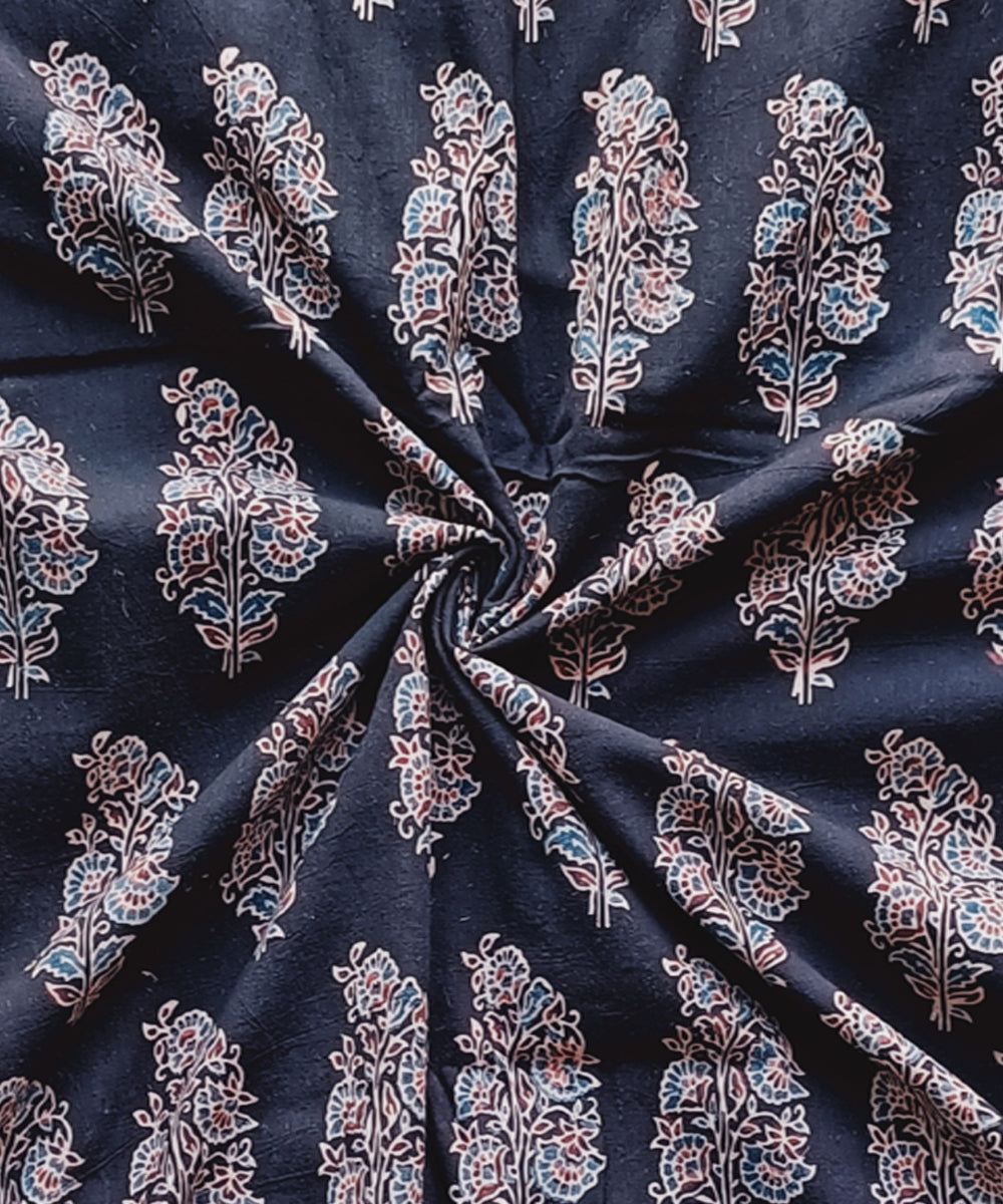 2.5m Black blue ajrakh print handspun handwoven cotton kurta fabric
