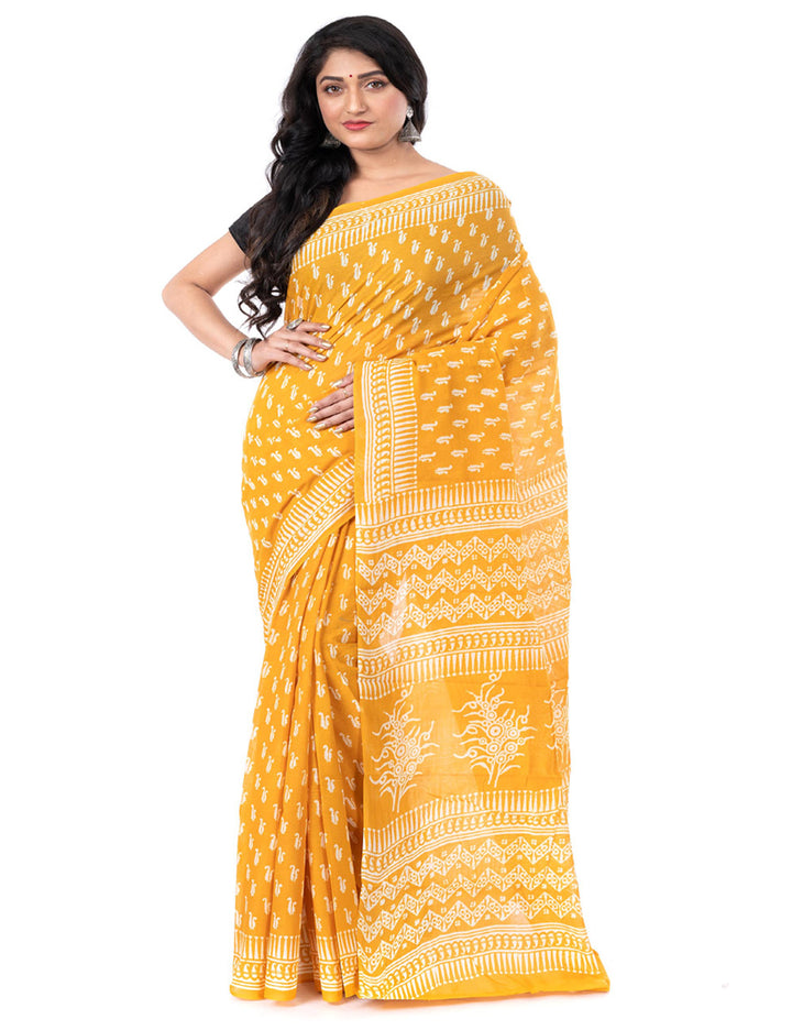 Yellow hand block printed cotton saree