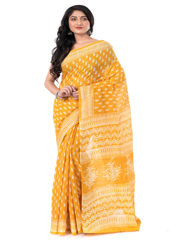 Yellow hand block printed cotton saree