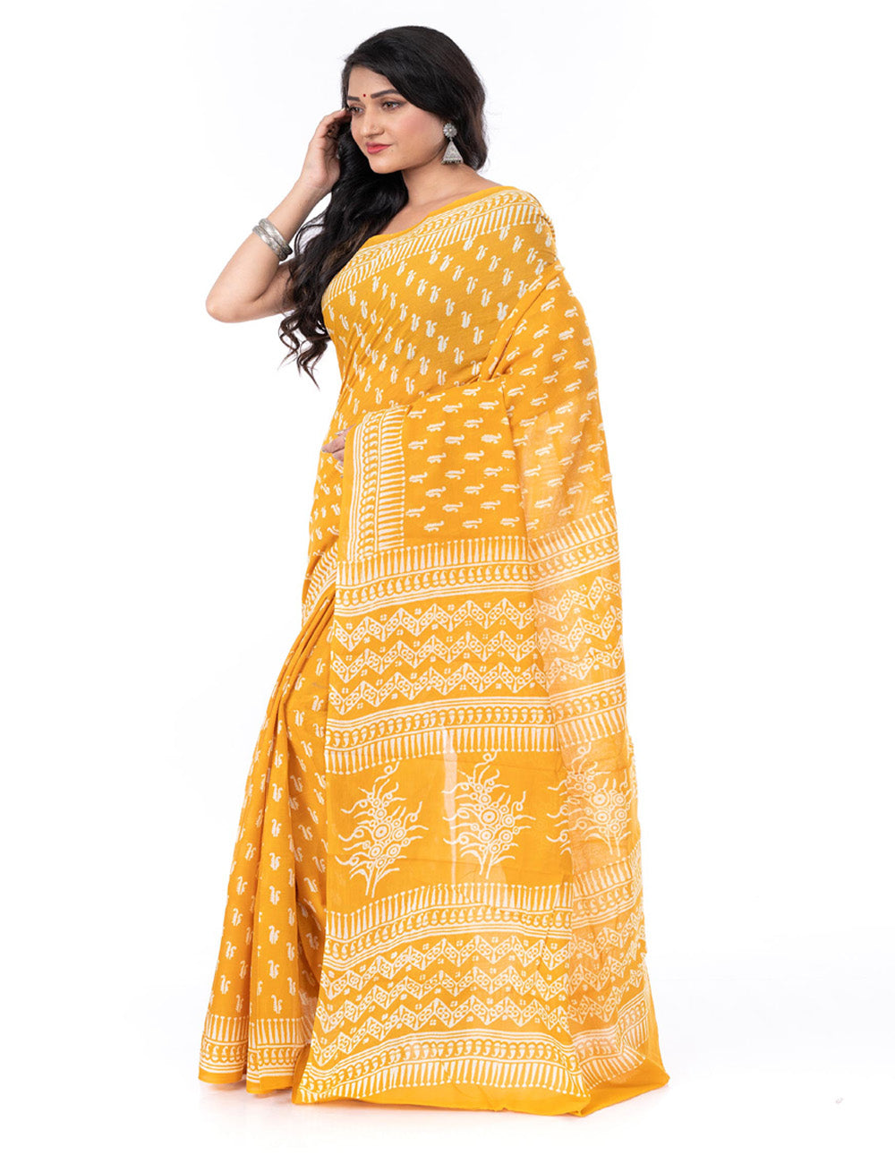Yellow hand block printed cotton saree