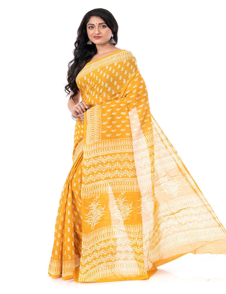 Yellow hand block printed cotton saree