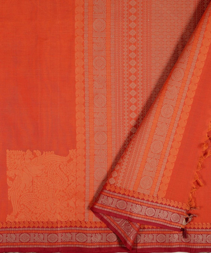 Orange thread work handwoven cotton kanchi saree