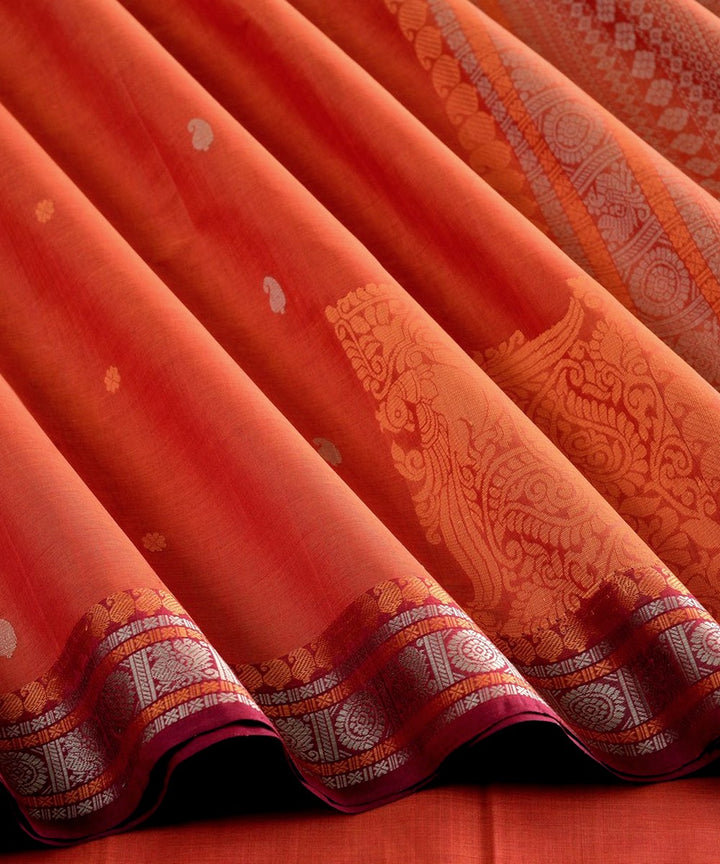 Orange thread work handwoven cotton kanchi saree
