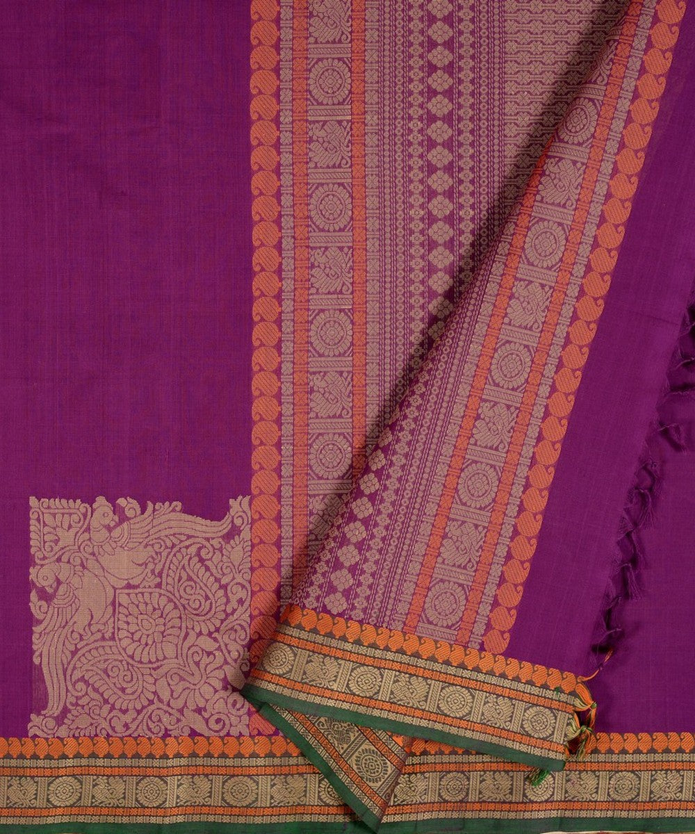 Purple thread work handwoven cotton kanchi saree