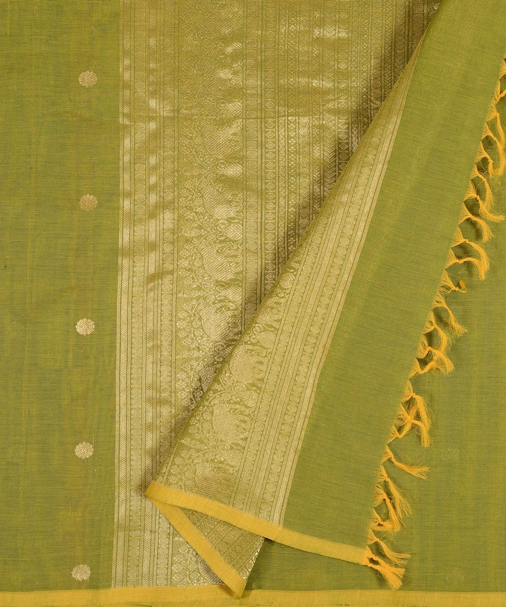 Lime green zari handwoven cotton kanchi saree