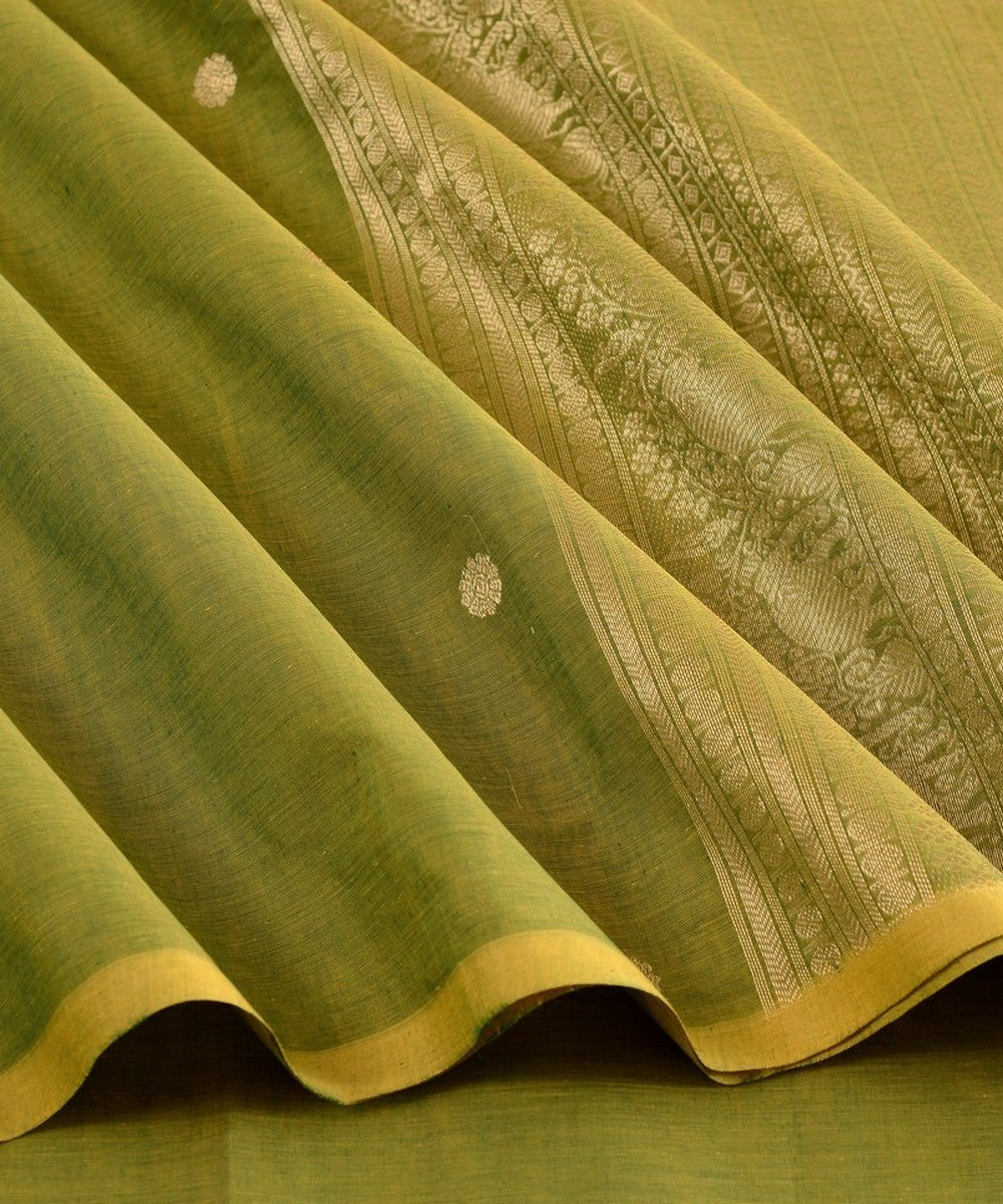 Lime green zari handwoven cotton kanchi saree