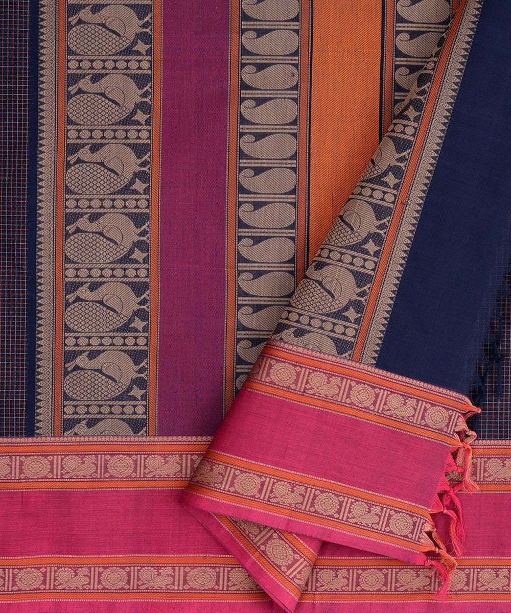 Navy blue pink hand woven kanchi cotton saree