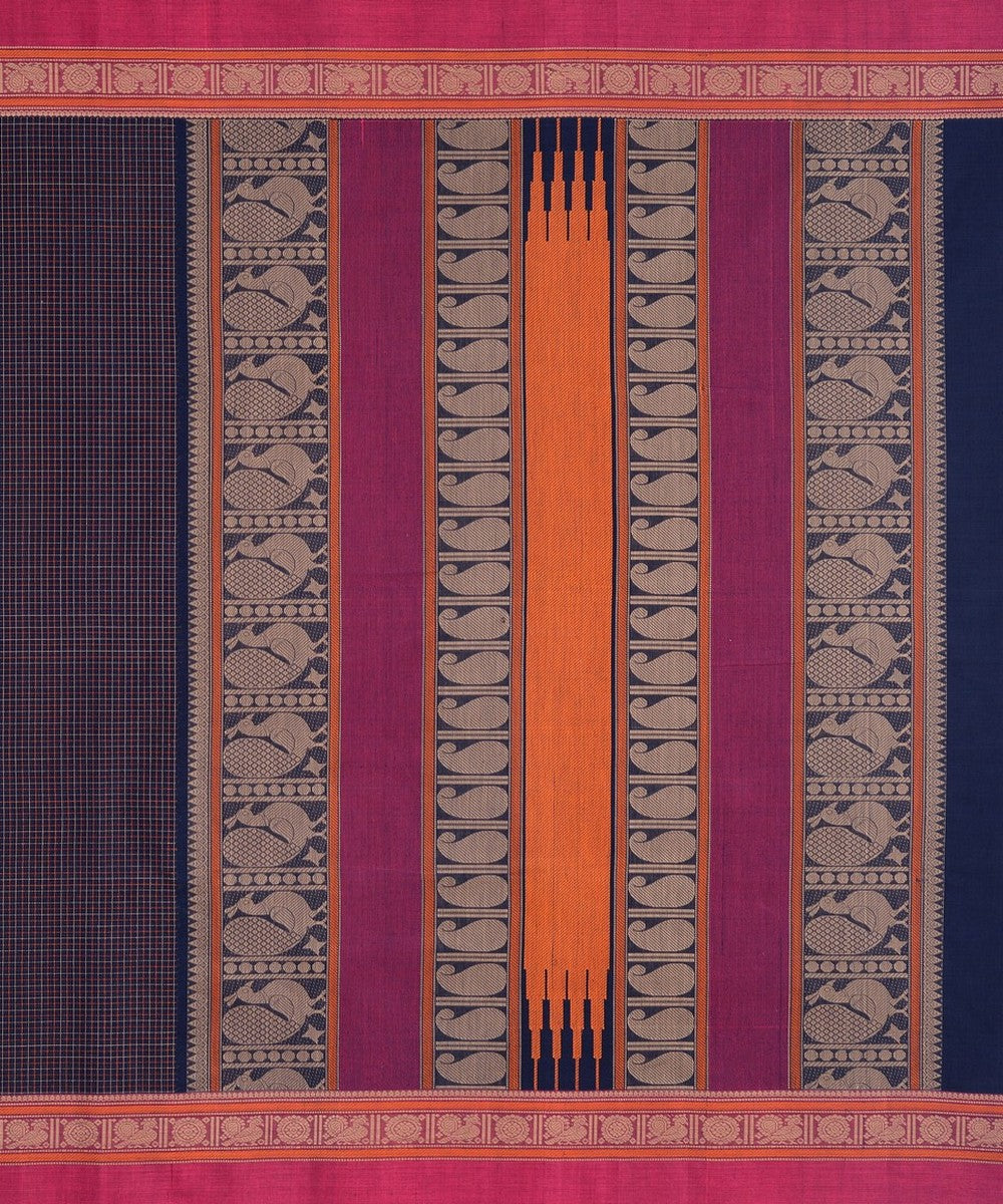 Navy blue pink hand woven kanchi cotton saree