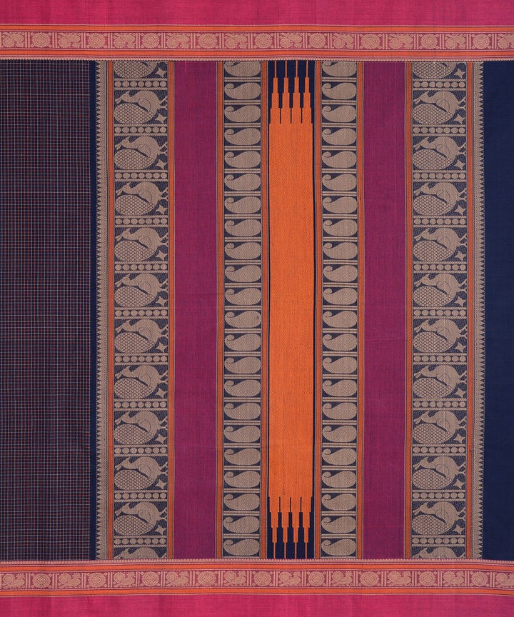 Navy blue pink hand woven kanchi cotton saree