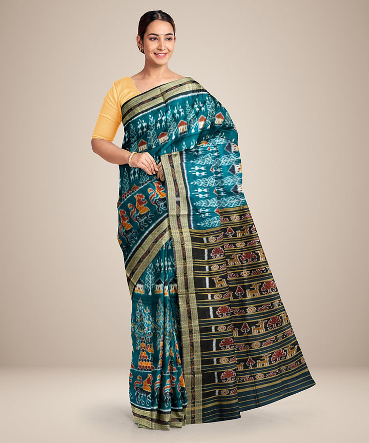 Teal green black silk handwoven khandua saree