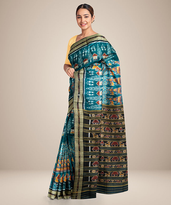 Teal green black silk handwoven khandua saree