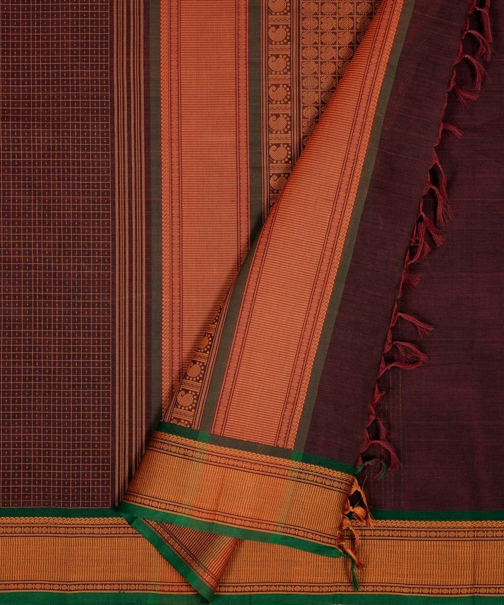Brown mustard handwoven cotton kanchi saree