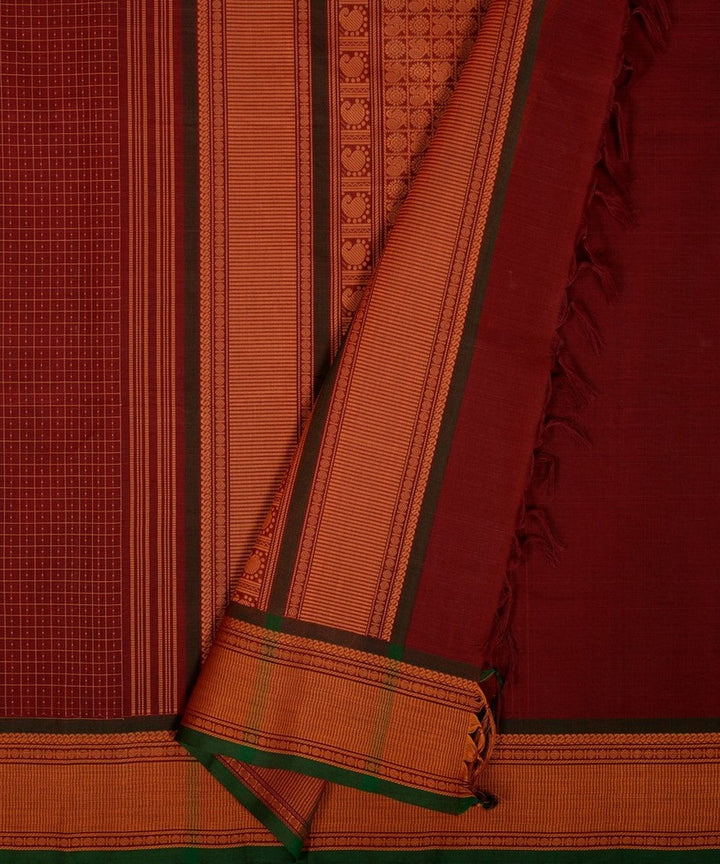 Maroon mustard handwoven cotton kanchi saree