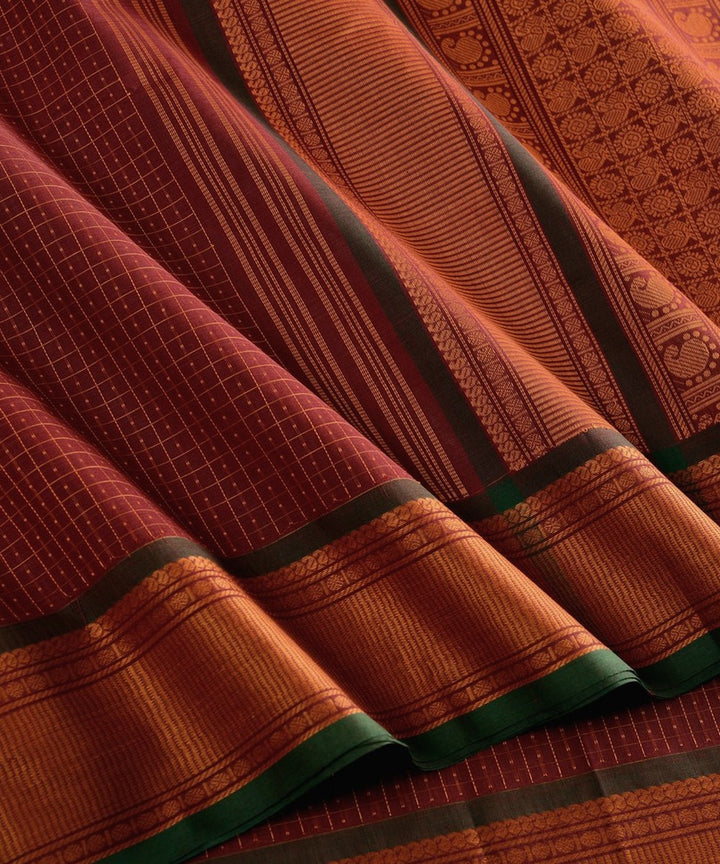Maroon mustard handwoven cotton kanchi saree