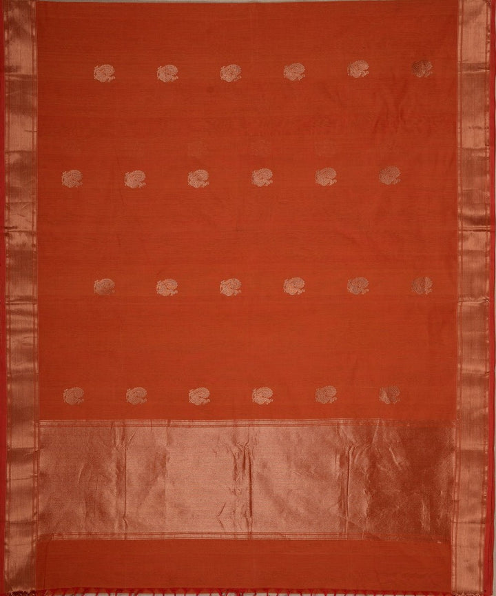 Dark orange zari butta handwoven cotton kanchi saree