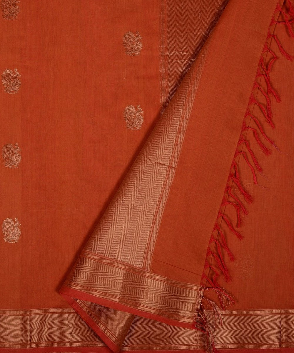 Dark orange zari butta handwoven cotton kanchi saree