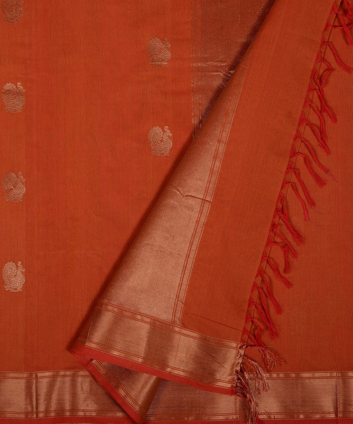 Dark orange zari butta handwoven cotton kanchi saree