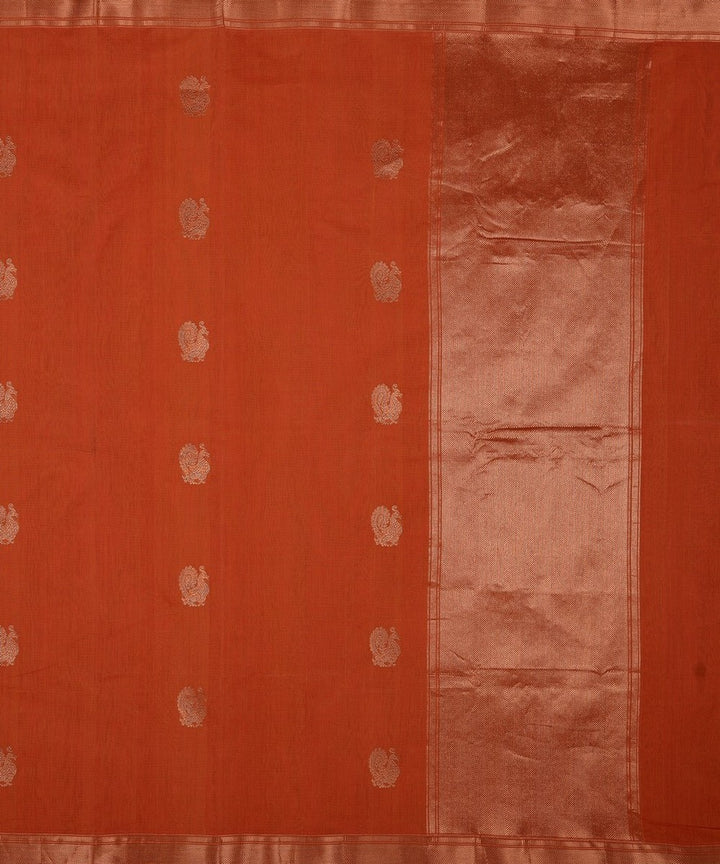 Dark orange zari butta handwoven cotton kanchi saree