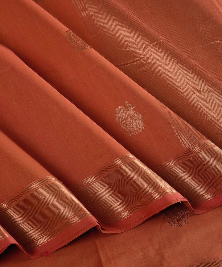 Dark orange zari butta handwoven cotton kanchi saree