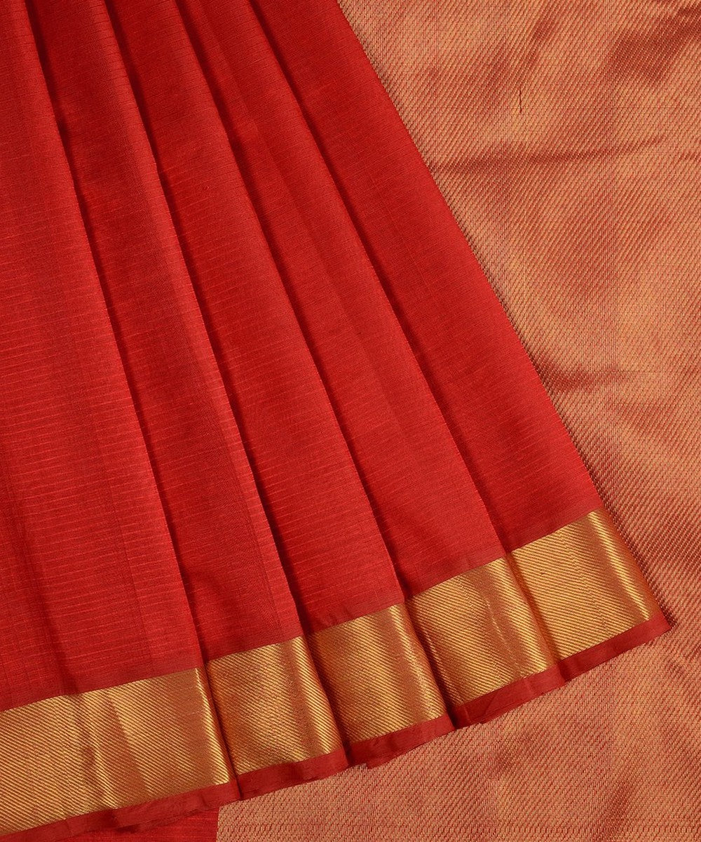 Red handloom self bavinchi cotton silk kanchi saree with zari border