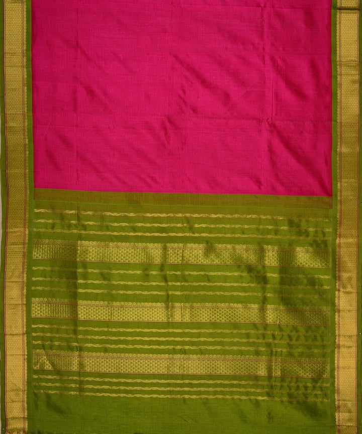 Pink green handwoven cotton silk kanchi saree with zari border