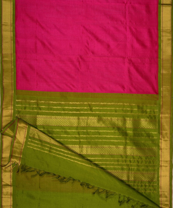 Pink green handwoven cotton silk kanchi saree with zari border