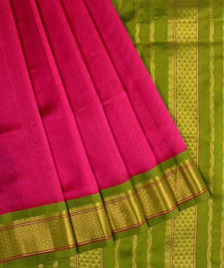 Pink green handwoven cotton silk kanchi saree with zari border